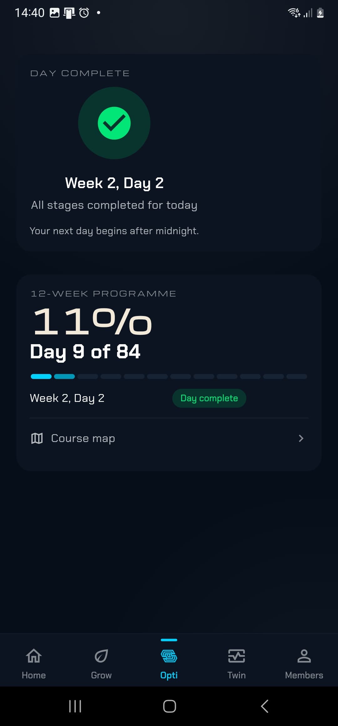 Opti-U 12-week programme screen showing day nine of eighty-four complete at eleven percent through the course
