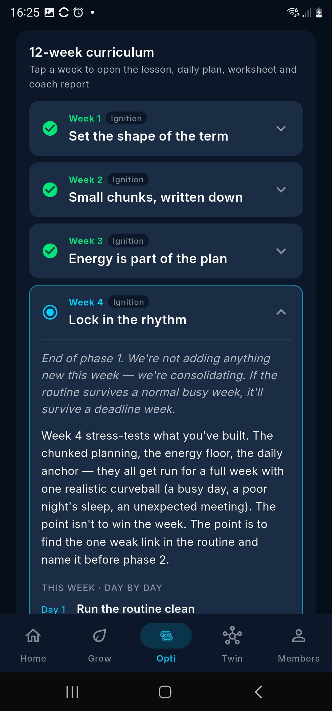 Opti-U 12-week curriculum screen showing weekly lessons and the week four plan