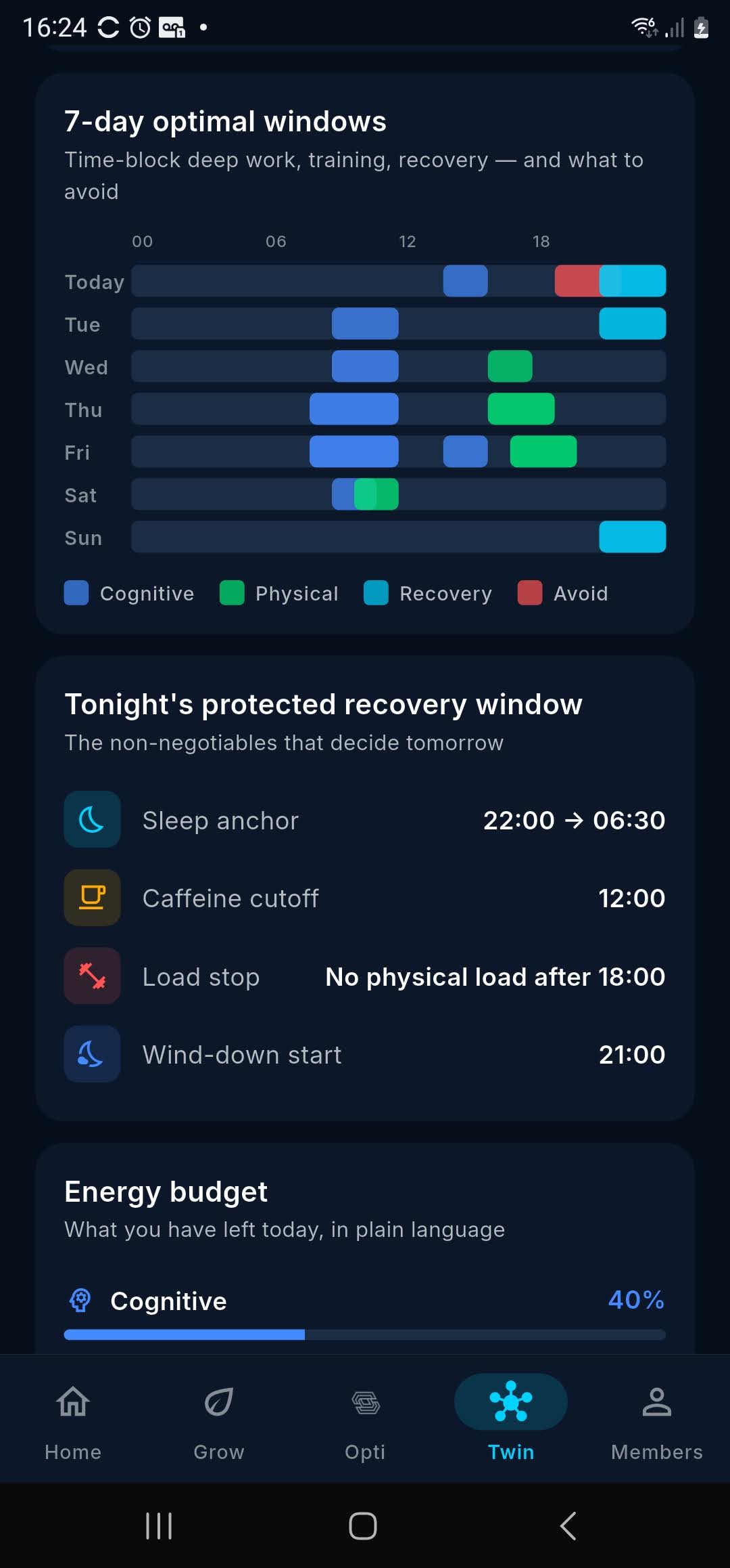 Opti-U 7-day optimal windows screen showing cognitive, physical, recovery, and avoid blocks